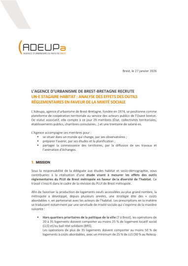 Offre de stage : Un·e stagiaire habitat - Outils règlementaires en faveur de la mixité sociale